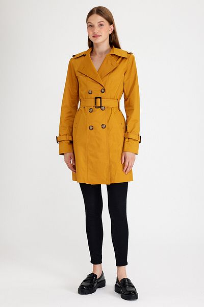 Sporting Women's Saffron Yellow Coated Lined Waterproof Belted Trench Coat