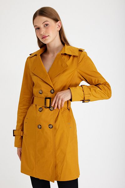 Sporting Women's Saffron Yellow Coated Lined Waterproof Belted Trench Coat