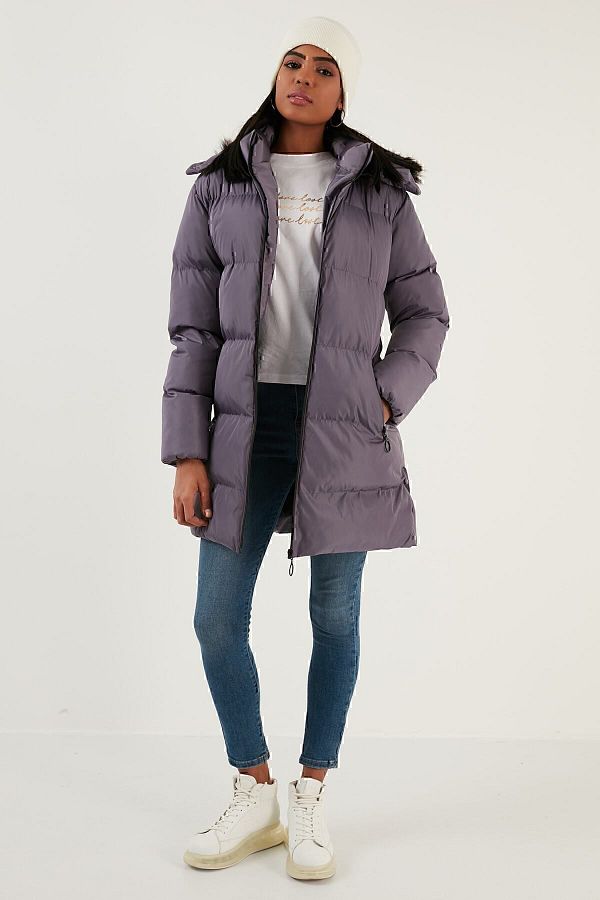 Lela-Removable Hooded Pocket Puffer Coat with Faux Fur Collar 5761645 1