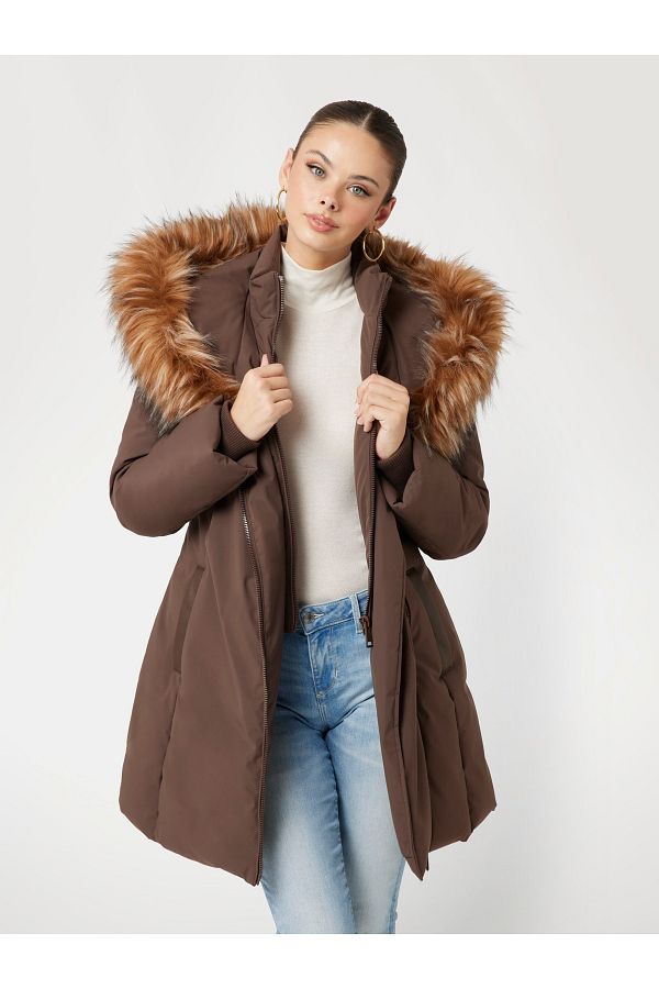 Guess-Sylvie Midi Puffa Ja Women's Suni Fur Hooded Inflatable Coat 1