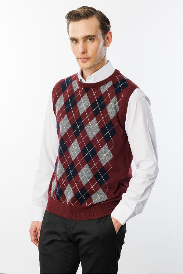 Desen Triko-Men's Crew Neck Front Diamond Patterned Wool Sweater Claret Red 1