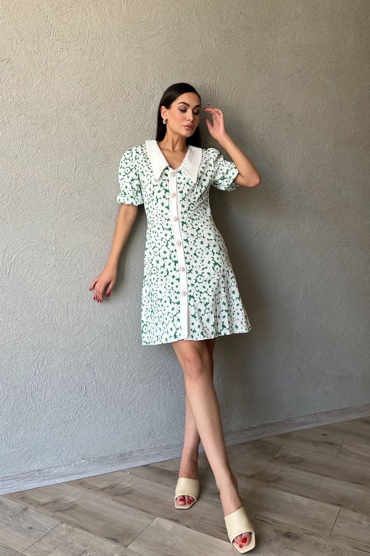 Seda Yalçın Atelier-Rochie din popelin - cu model verde și detaliu cu nasturi 2