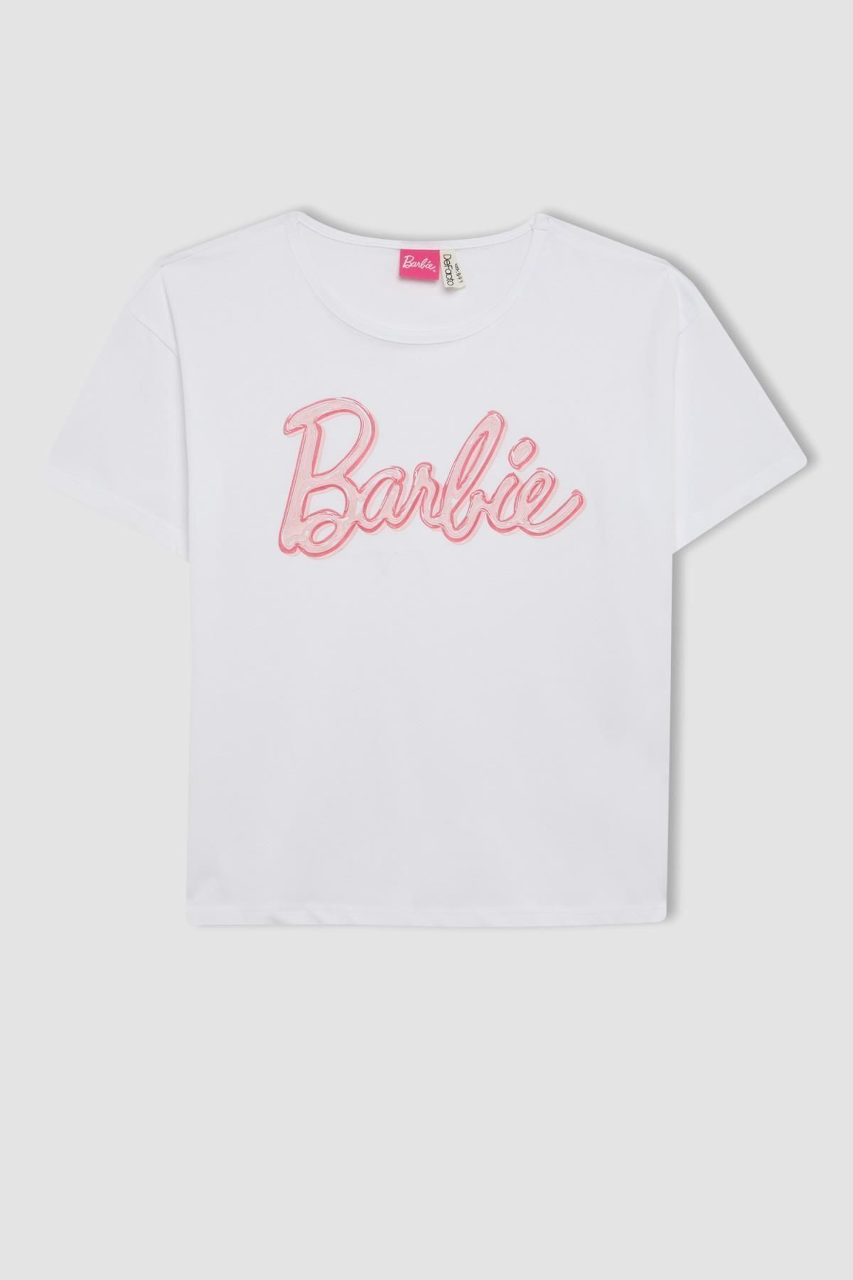 DeFacto-طقم بيجامة بناتي من Barbie Boxy Fit - بأكمام قصيرة وشورت C8504A824SM 2