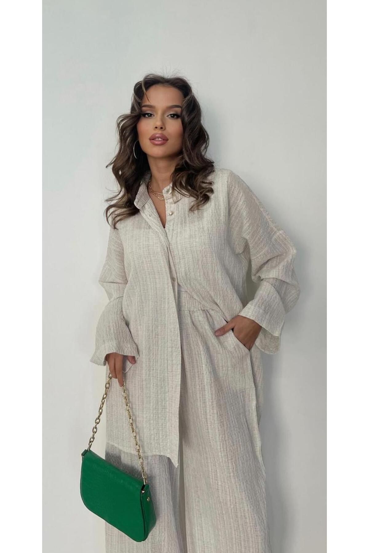Fashionbox-Set cămașă și pantaloni Kadfre pentru femei de culoarea pietrei 3