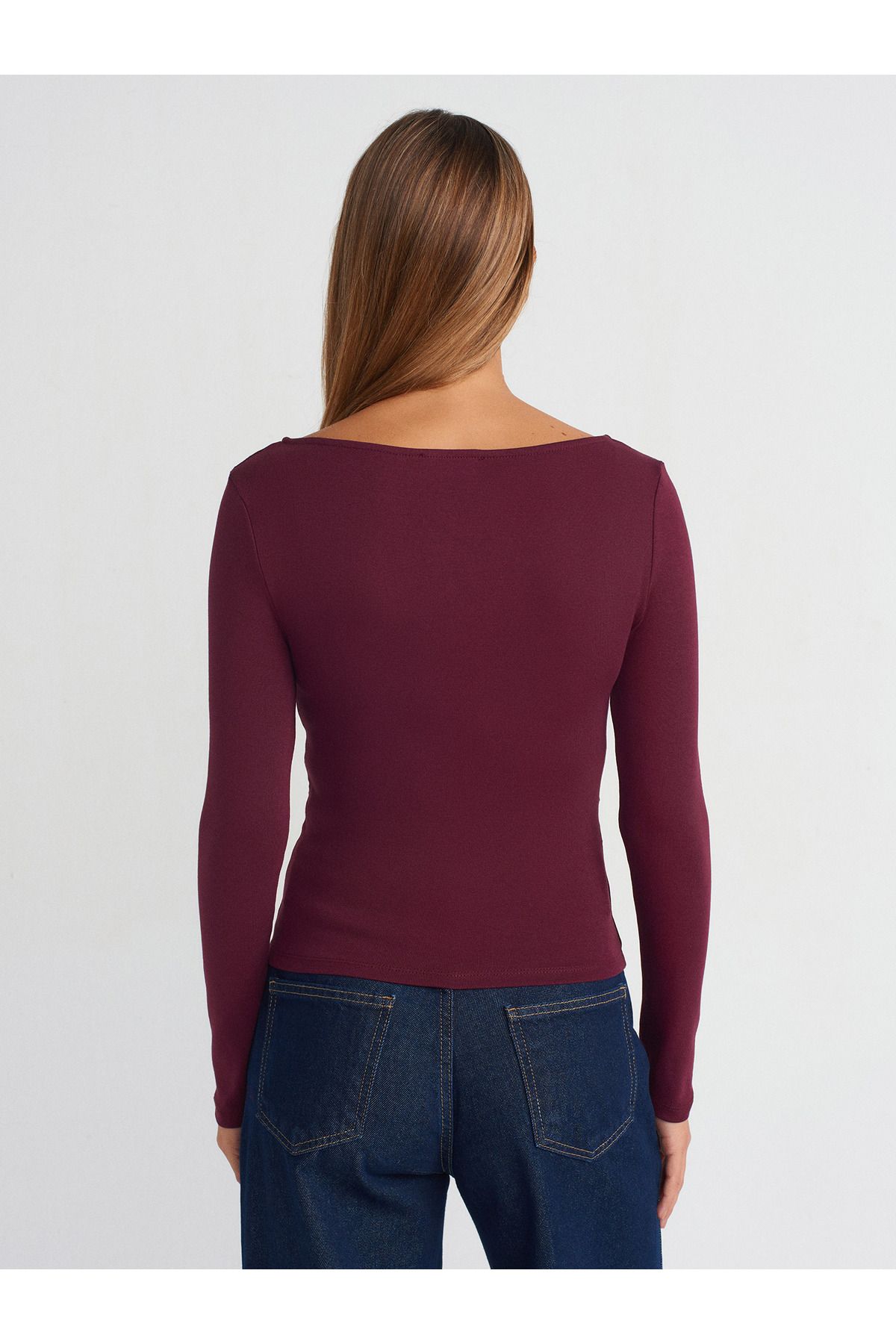 Dilvin-31401 Top cu gât barcă adunat-Roșu Claret 2