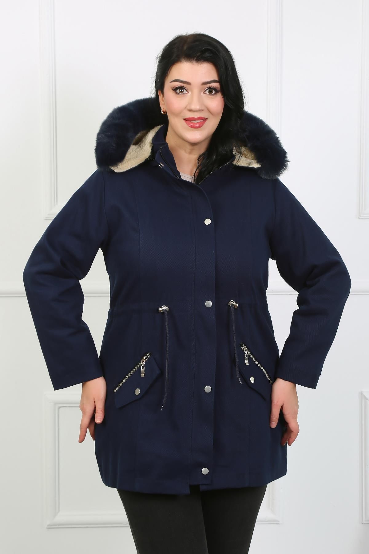By Alba Collection-Women's Navy Blue Gabardine Fabric Wool Large Size Coat 1
