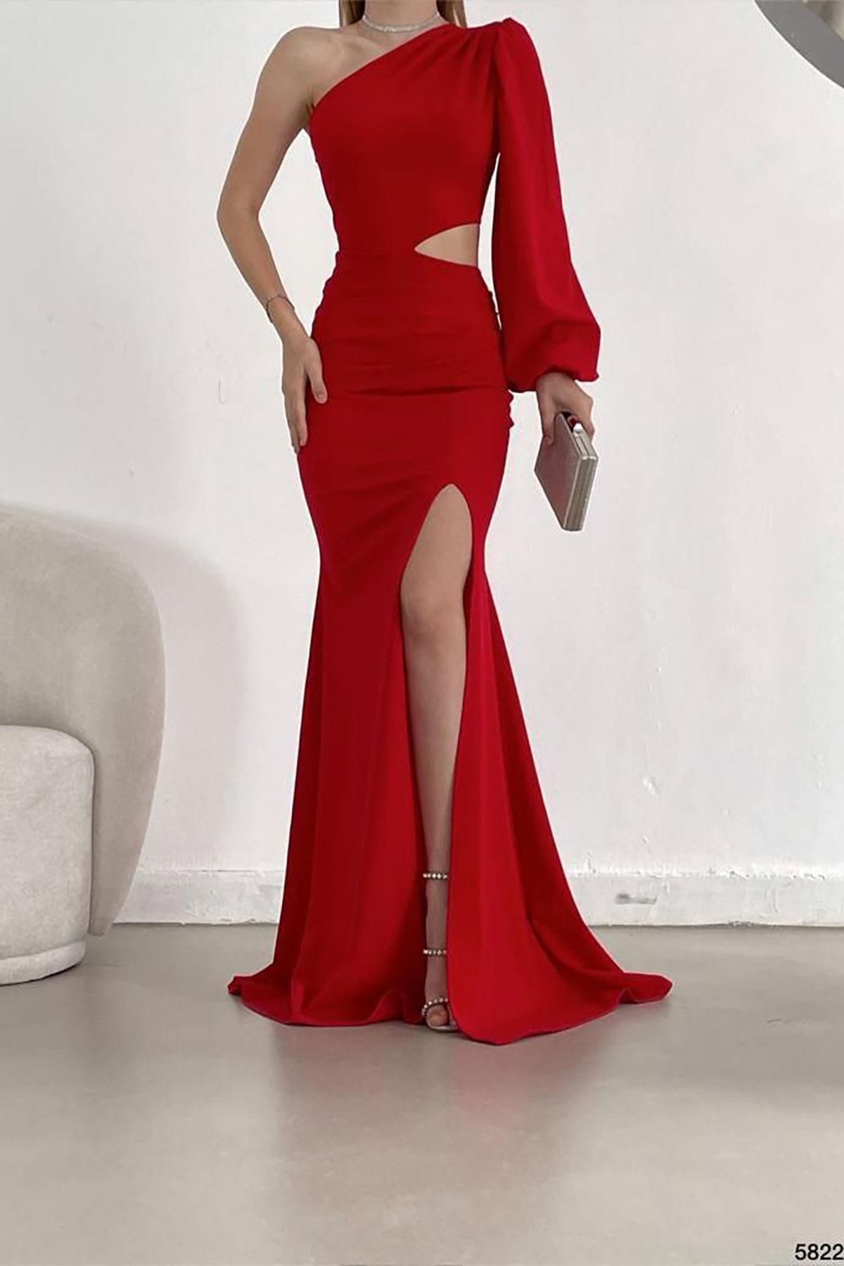 Deafox Rotes Abendkleid mit niedriger Taille und einem Ärmel aus importiertem Kreppstoff