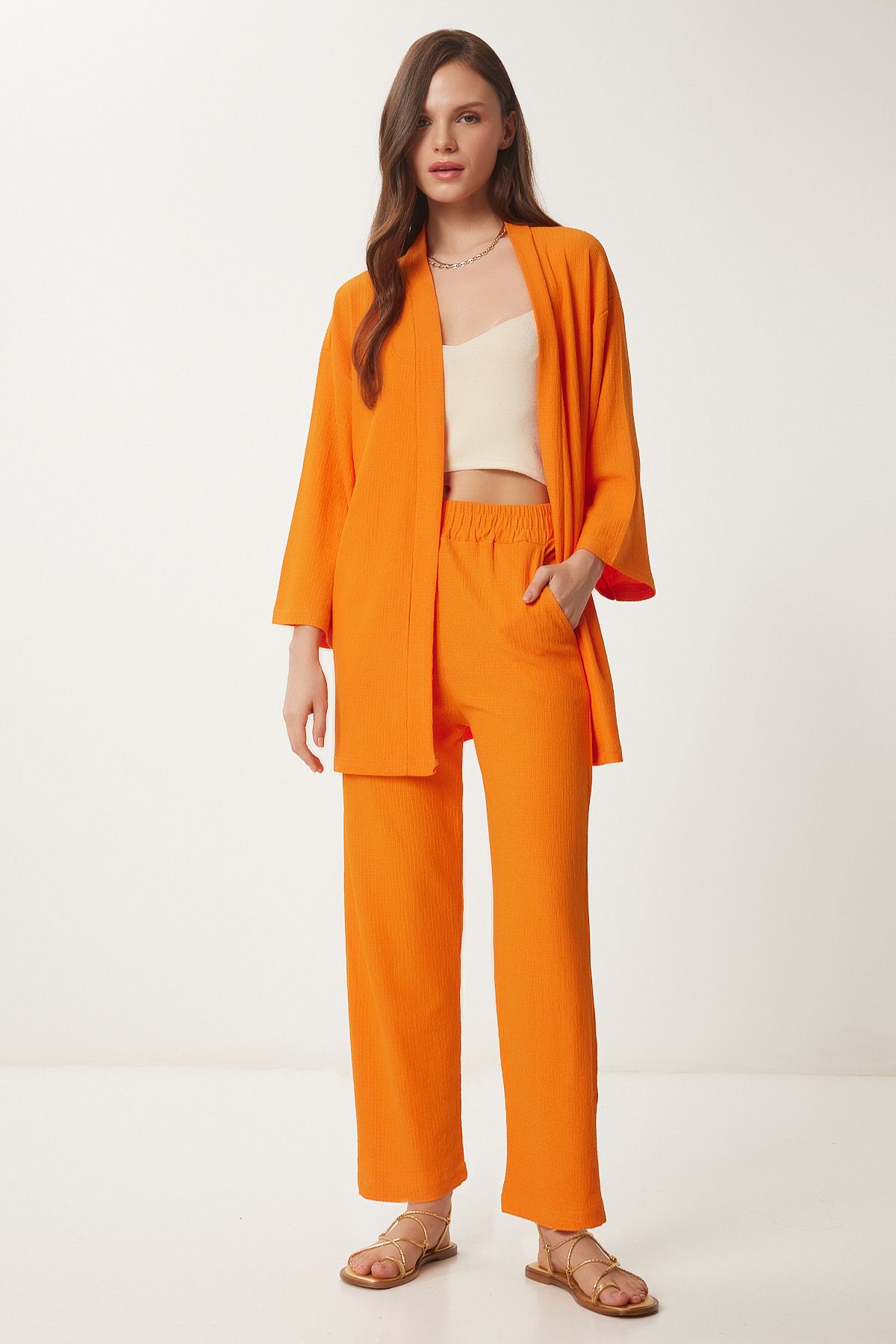 Happiness İstanbul Orangefarbenes Damen-Kimono-Hosen-Strickset BY00050