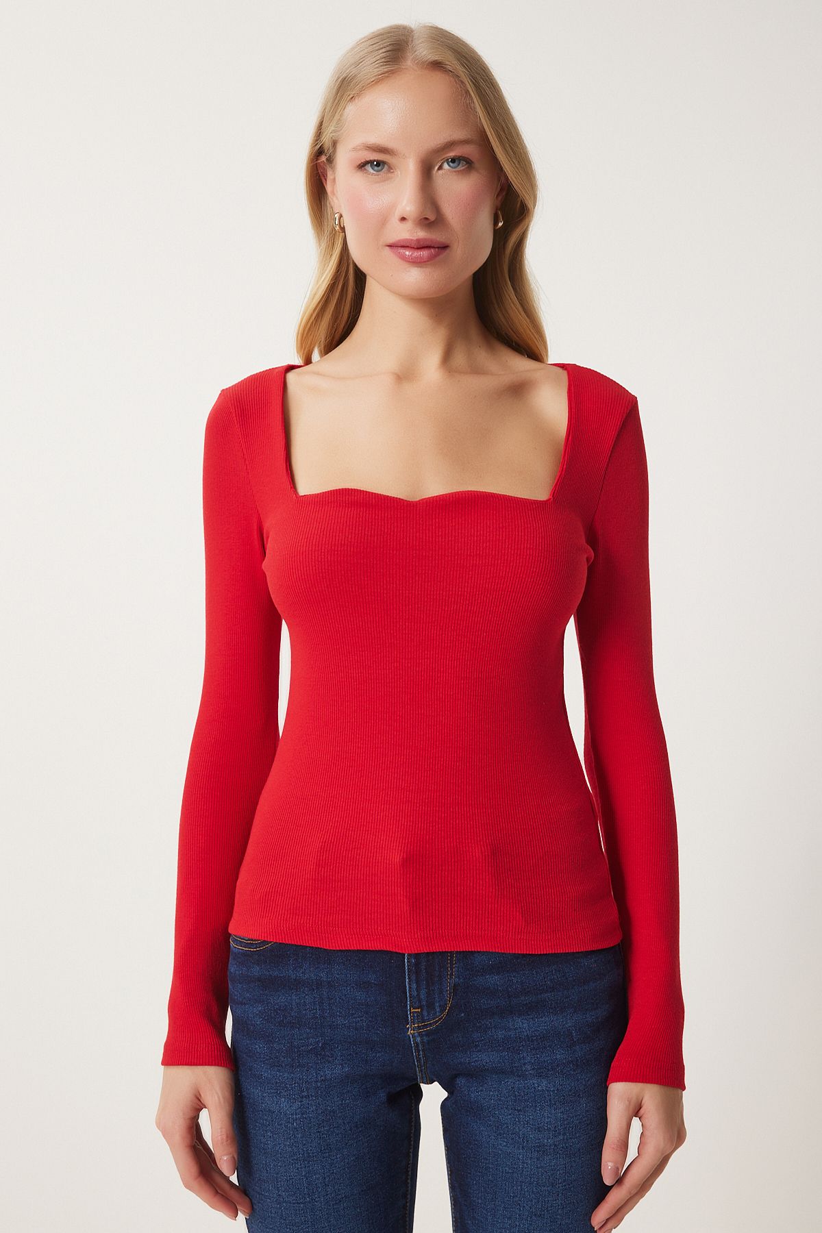 Happiness İstanbul-Rote Strickbluse mit Herzkragen für Damen GT00100 4