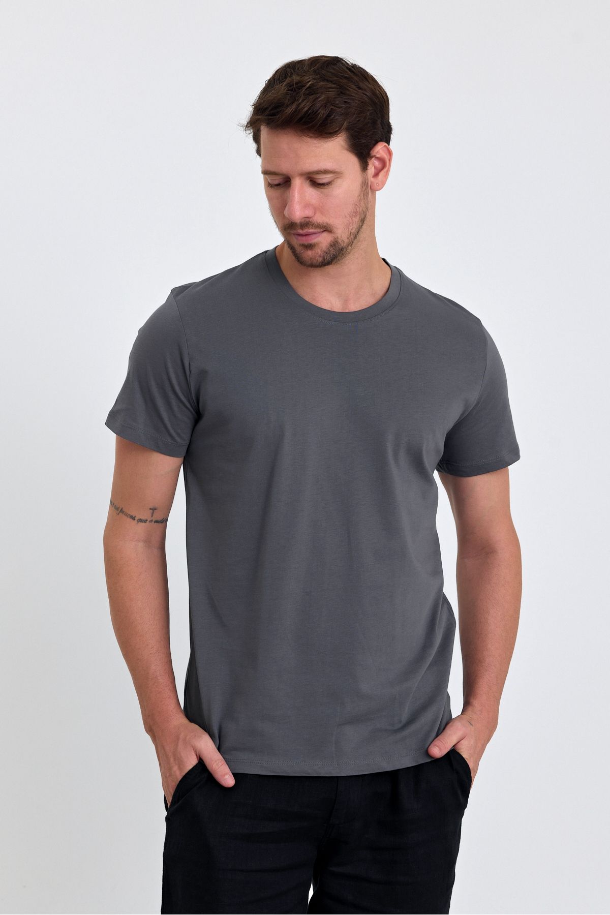 COMBİNE MİCHAİL-Men's Smoked 100% Cotton Slim Fit Crew Neck Basic t Shirt 3