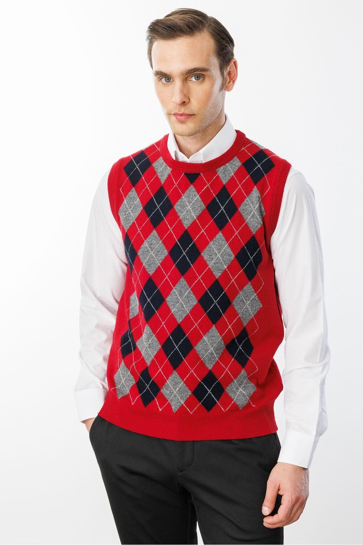Desen Triko-Men's Crew Neck Front Diamond Patterned Wool Sweater Dark Red 1