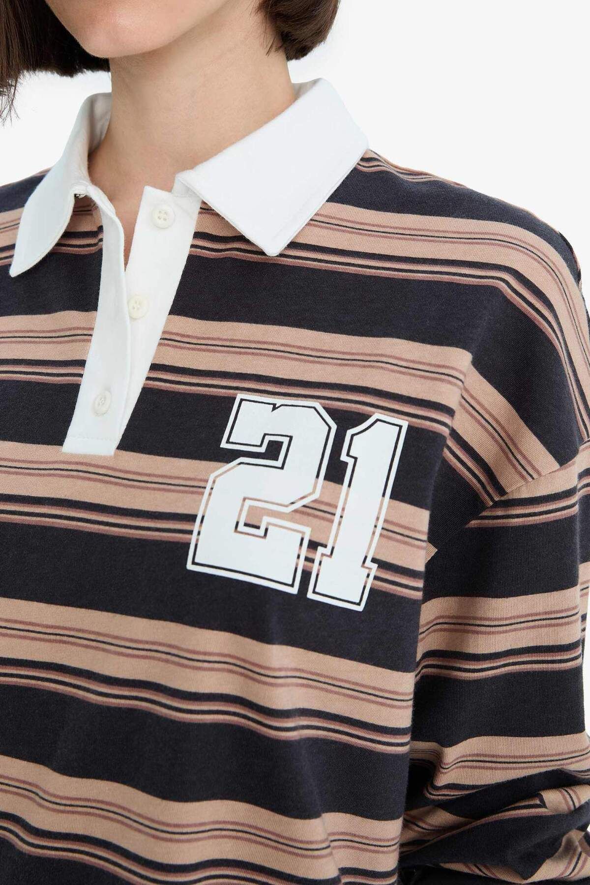 DeFacto-Loose Fit Striped Polo Neck Sweatshirt E7887Ax25Sp 5