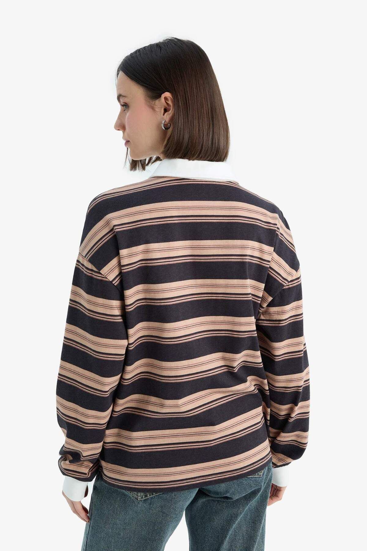 DeFacto-Loose Fit Striped Polo Neck Sweatshirt E7887Ax25Sp 7