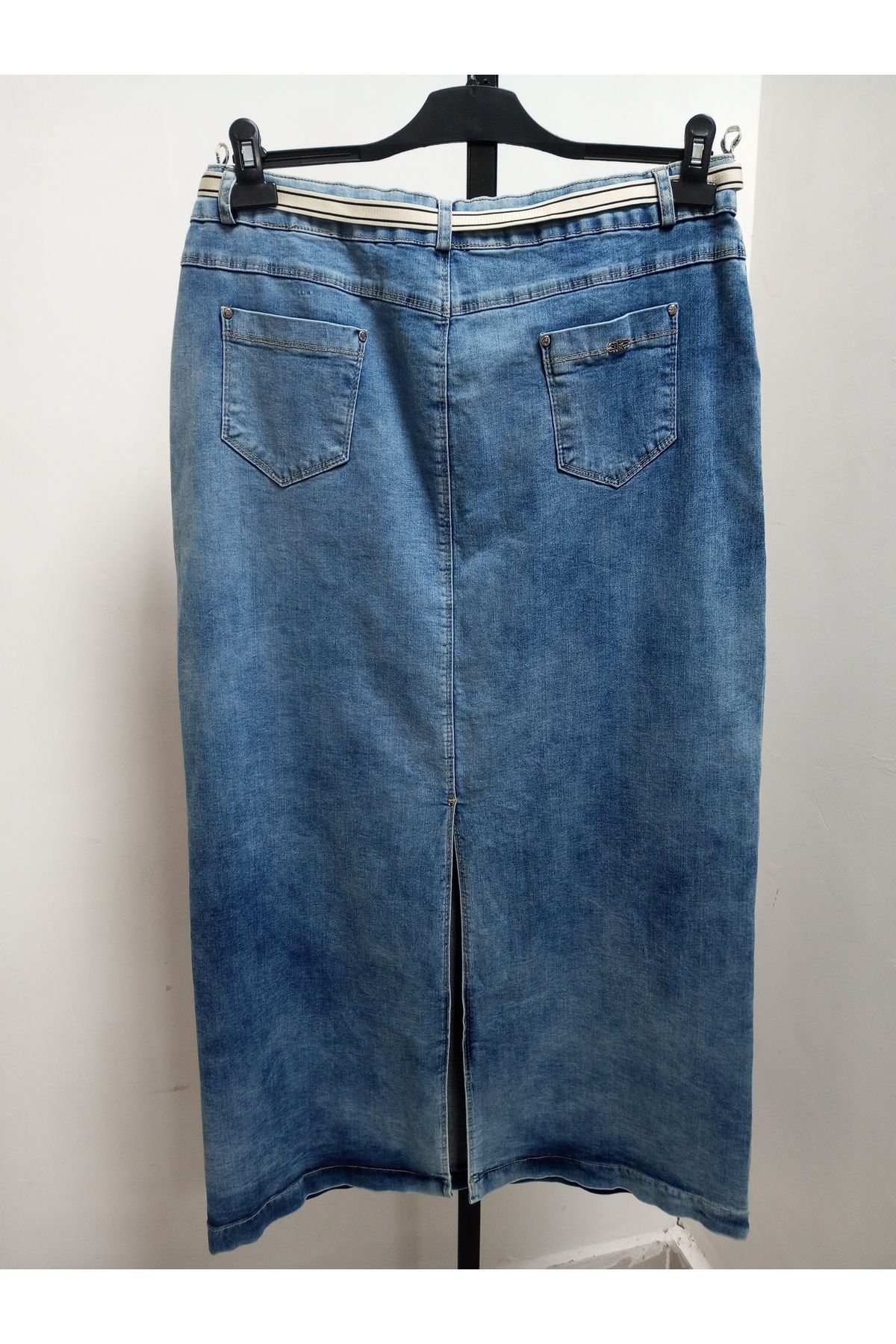 AKŞEN GİYİM-Plus Size Women's Stonished Washed Denim Fabric Lace up Back Slit Long Jeans Skirt 2