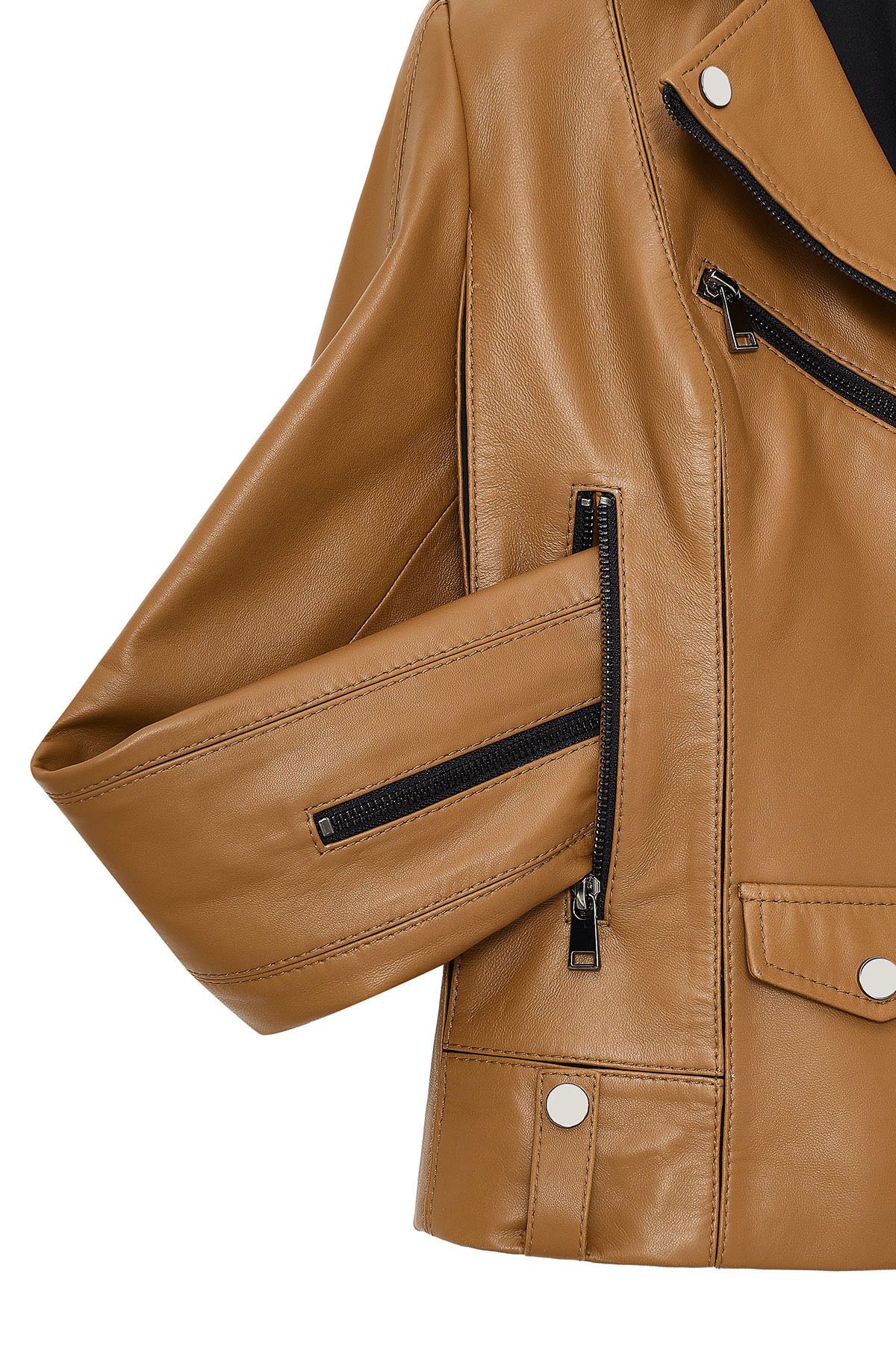 Derimod-Bella Women's Camel Biker Short Leather Jacket 25Sgd5106U4 6
