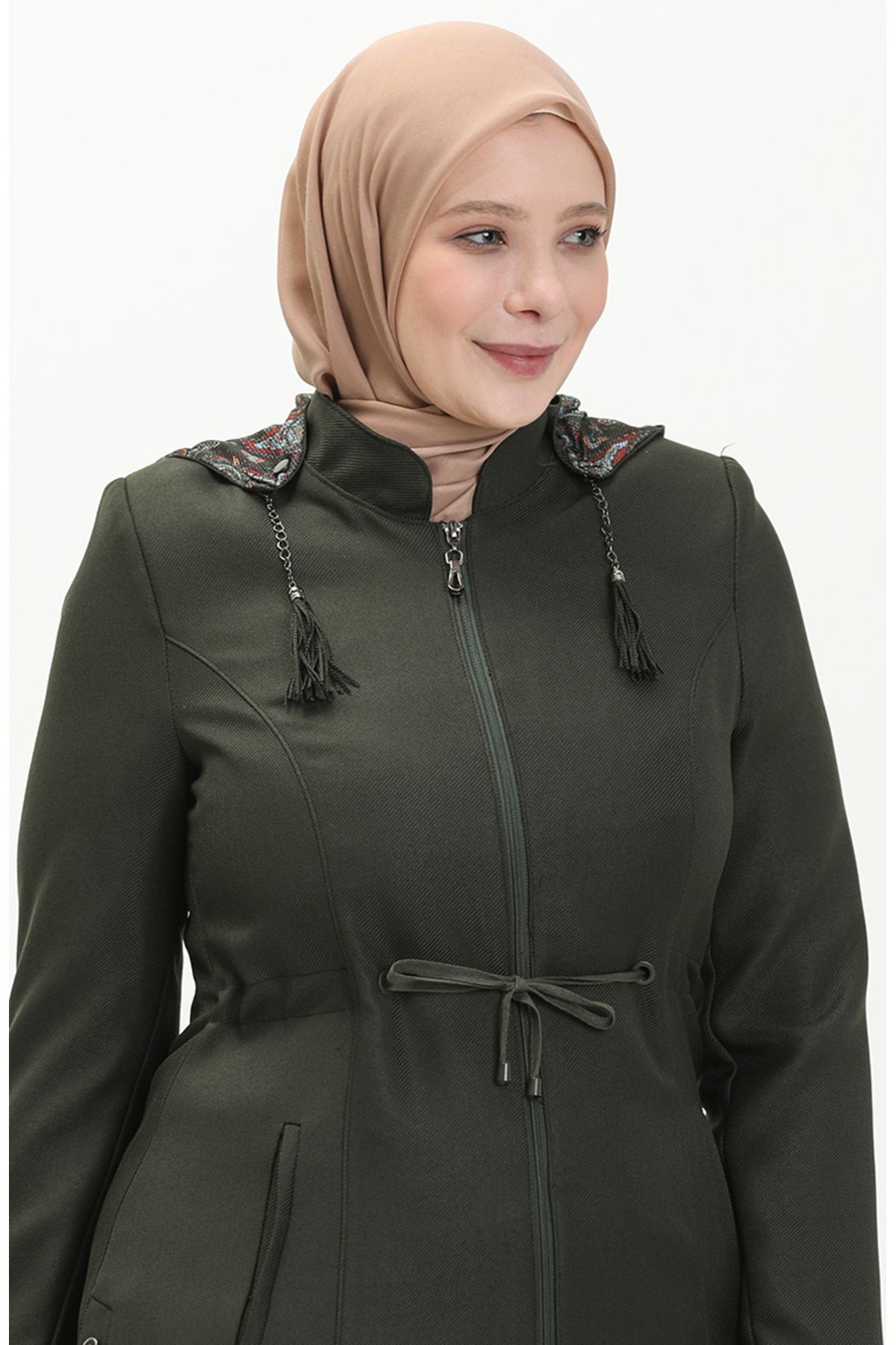 sefamerve-Παλτό Khaki Hooded Large Size - 0471-01 4