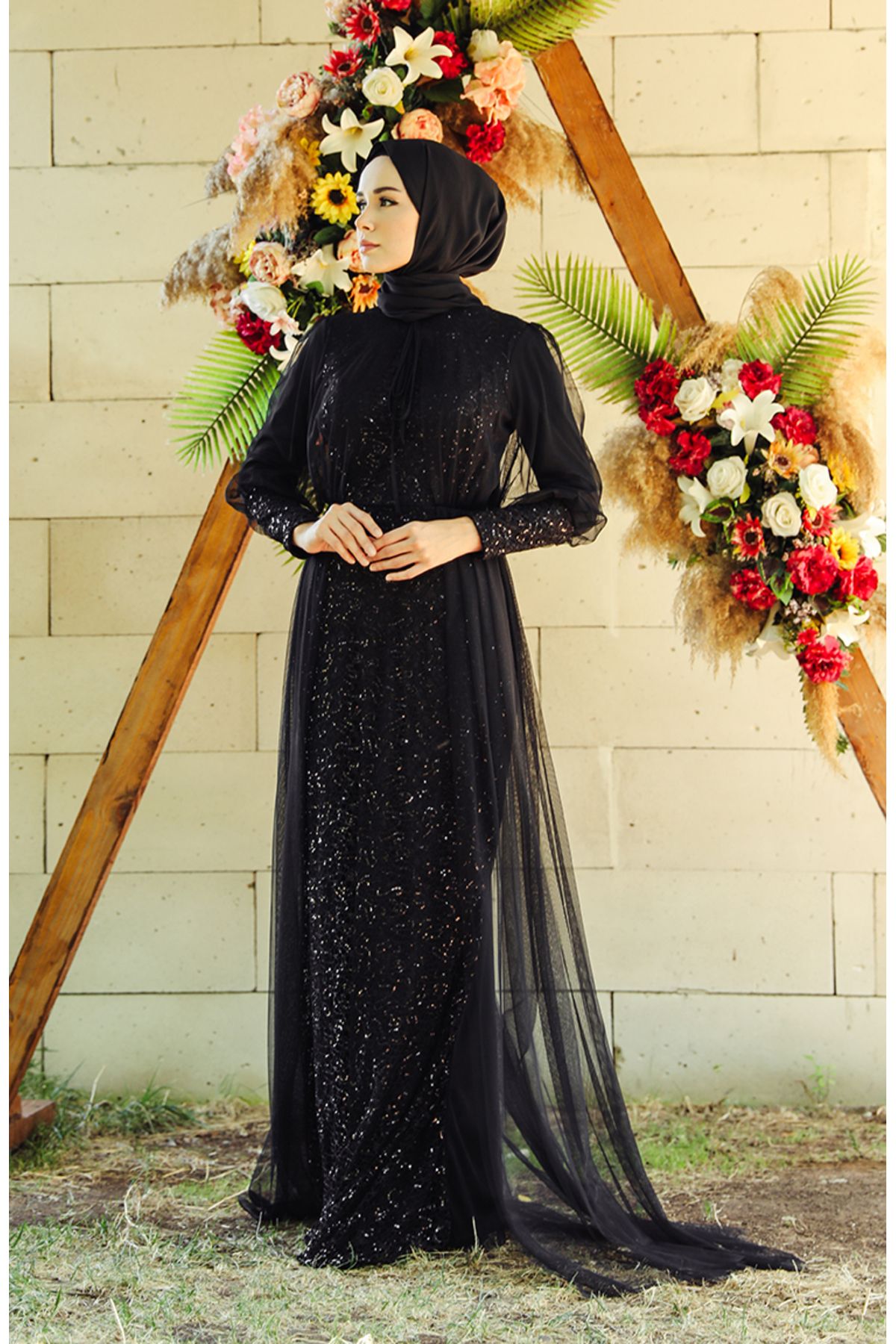 sefamerve-فستان سهرة أسود مزين بالترتر - موديل 5346-02 2