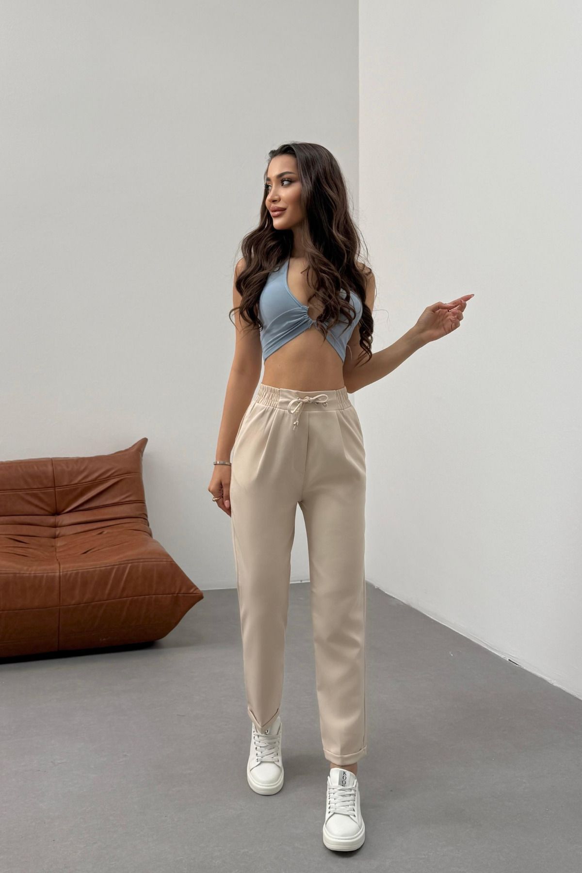 BİKELİFE-Women's High Waist Ankle Length Elastic Waist Fabric Pants 4