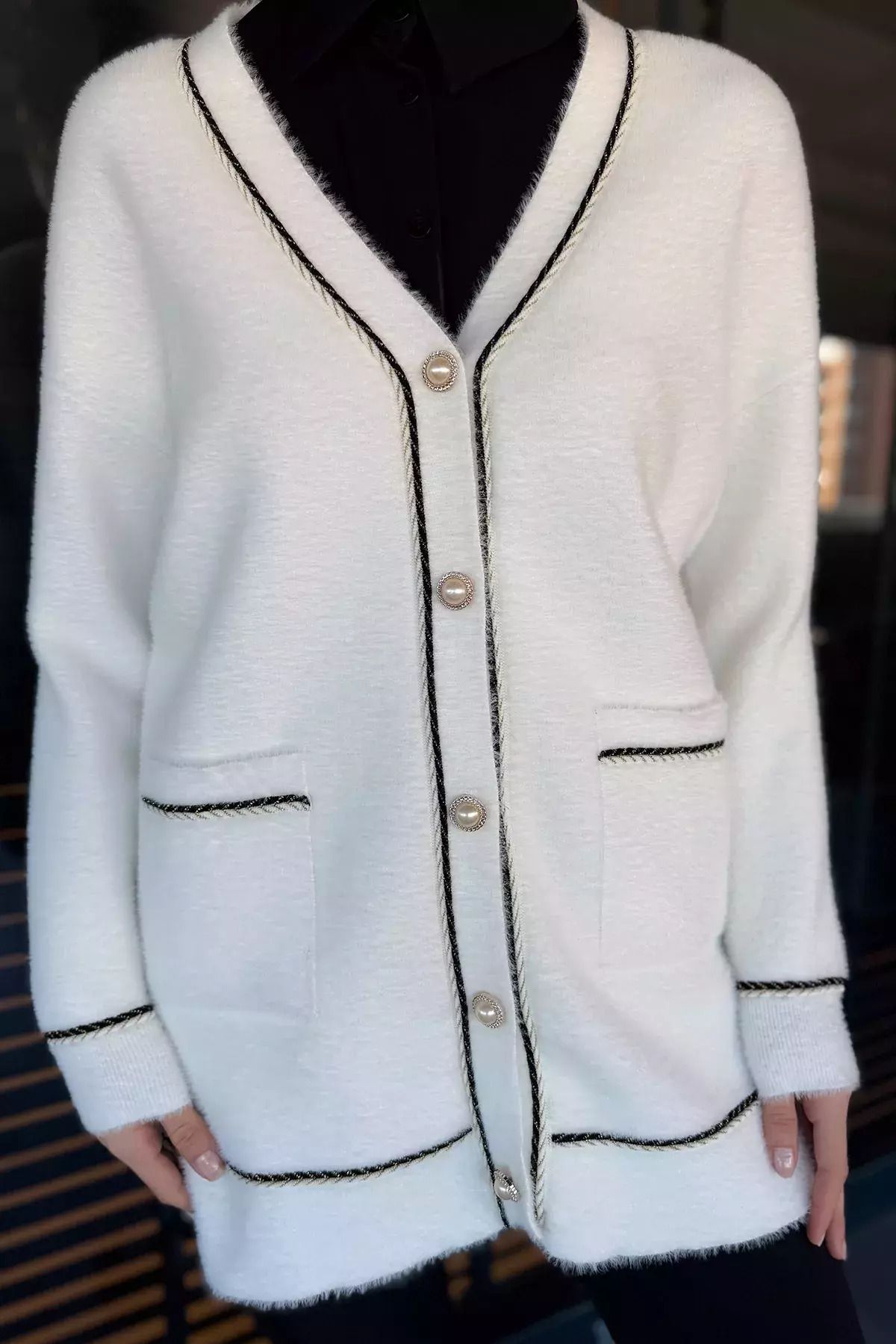 julude-White Women's Double Pocket Front Buttoned Bearded Hijab Cardigan 7