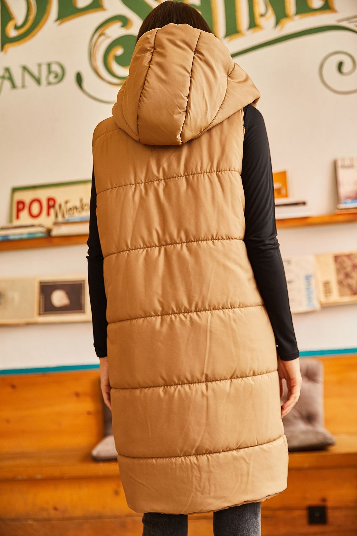 Olalook-Damen-Pufferweste mit Kapuze und Taschen in Milchkaffeefarbe YLK-19000007 7