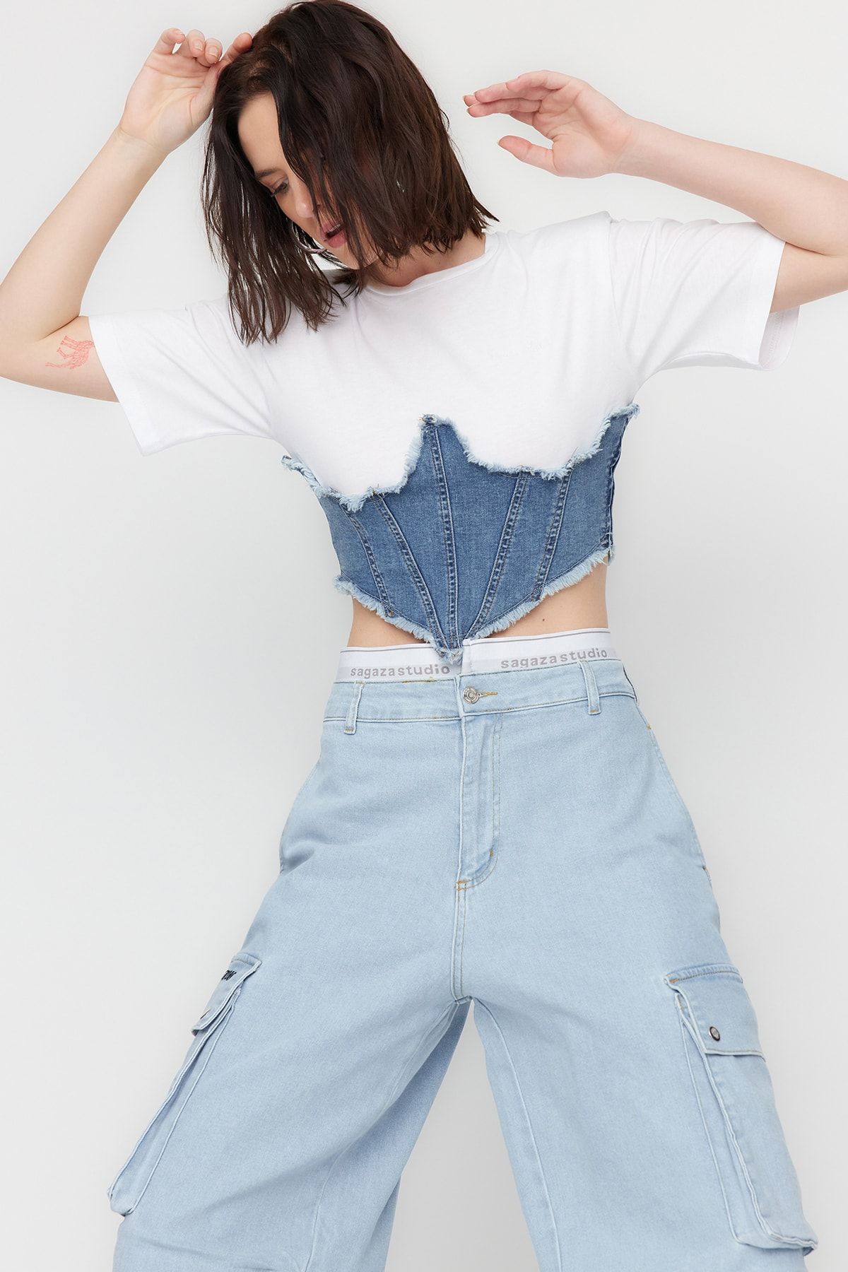 Trendyol Collection-Детайлно дънково бюстие със син корсет X Sagaza Studio TCLSS23BZ00004 2