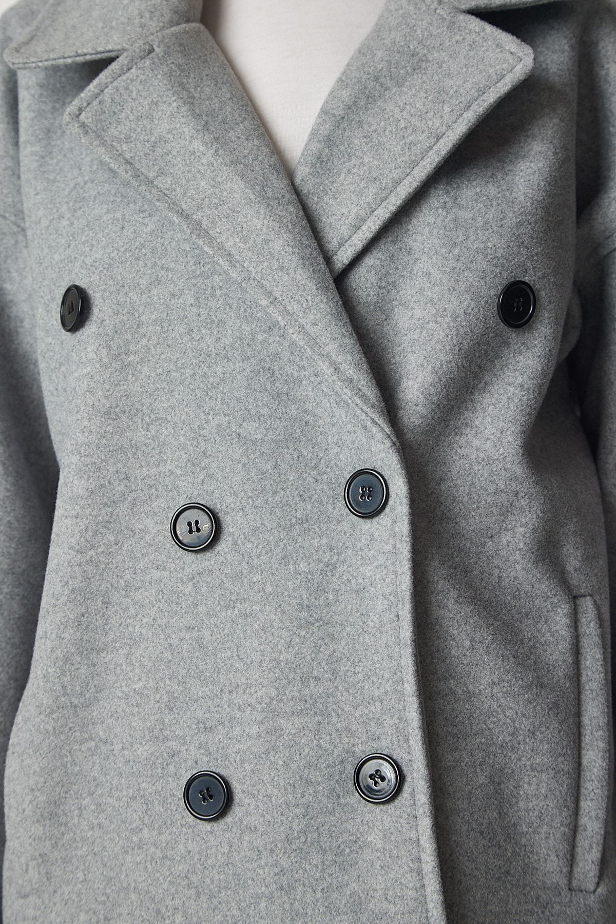 Happiness İstanbul-Grauer Oversize-Mantel mit zweireihigem Kragen und Stempelmuster für Damen mx00138 5